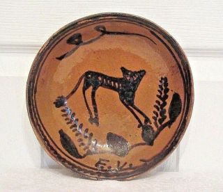 Primitive Hand Crafted Native American Glaze Clay Bowl,  Animal Motif Signed E.  V.