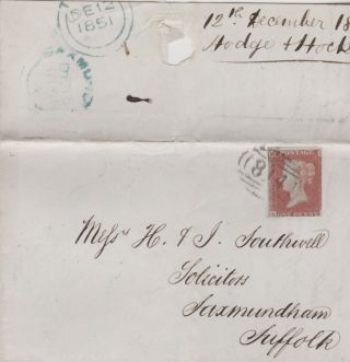1851 Qv Cover With A 1d Penny Red Stamp Sent To Saxmundham Suffolk