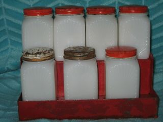 Vintage White Milk Glass Salt Pepper Spice Jars Shakers Red Metal Rack Stand