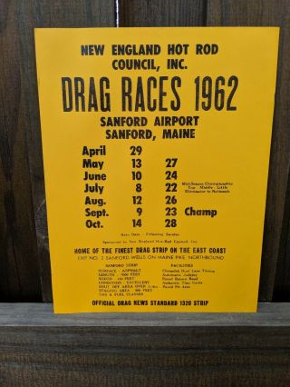 Authentic 1962 Sanford Maine Drag Racing Schedule Poster Drag Races Strip Yellow