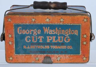 Early 20th C Antique GEORGE WASHINGTON CUT PLUG TOBACCO TIN BOX RJ REYNOLDS 2