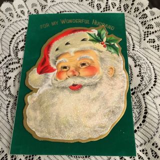 Vintage Greeting Card Christmas Husband Santa Claus Beard Glitter