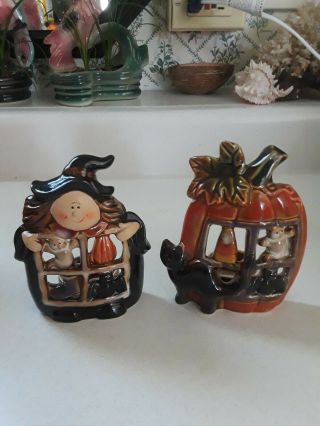 Garden Ridge Ceramic Halloween Witch And Pumpkin Tealight Candle Holders
