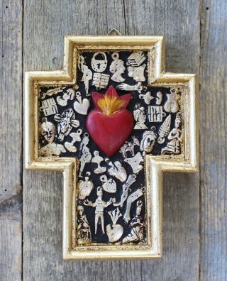 Medium Sz Sacred Heart Wood Cross Milagro Miracles Mexican Folk Art Michoacán