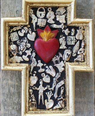 Medium Sz Sacred Heart Wood Cross Milagro Miracles Mexican Folk Art Michoacán 2