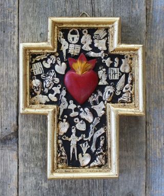 Medium Sz Sacred Heart Wood Cross Milagro Miracles Mexican Folk Art Michoacán 5