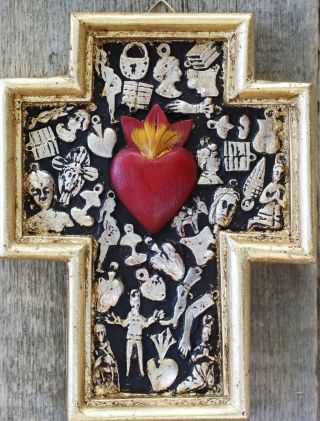 Medium Sz Sacred Heart Wood Cross Milagro Miracles Mexican Folk Art Michoacán 6