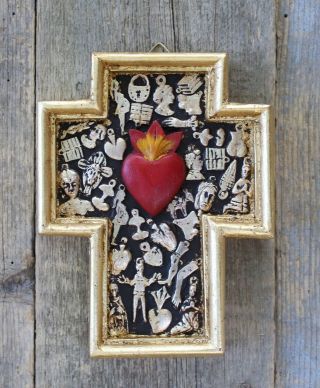 Medium Sz Sacred Heart Wood Cross Milagro Miracles Mexican Folk Art Michoacán 8