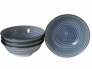Set Of 4 Japanese 7.  5 " D Blue Tokusa Spiral Rice Ramen Noodle Bowls Made In Japan