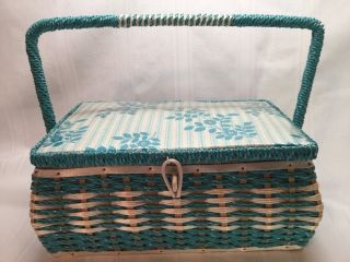 Vintage Dritz Sewing Basket Box Teal Turquoise Aqua Mid Century Woven Wicker S1