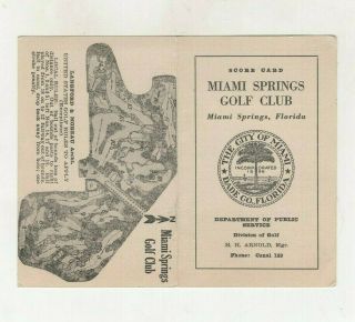 Miami Springs Golf Club Scorecard,  1940s - 50s,  Dade County Florida,  18 Holes,