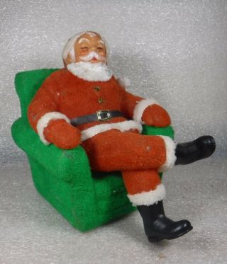 Christmas Enesco Flocked Santa Bank Hard Plastic Green Chair 1960s Hong Kong