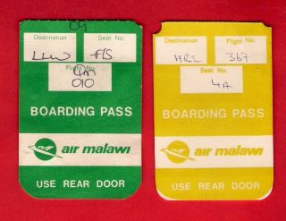 2 Old Airline Boarding Passes - Air Malawi - Lilongwe & Harare Flights - 1980s