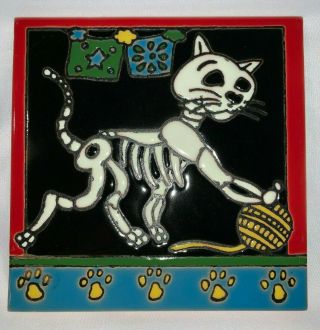 6 " Mexican Talavera High Relief Tile Day Of The Dead Cat Gato Dog Paw