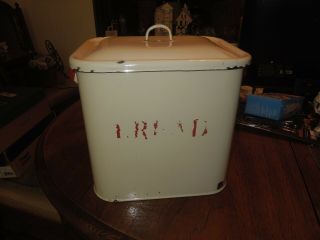 Vintage Farmhouse Enamel Bread Box Large Metal Bin Retro Red Trim