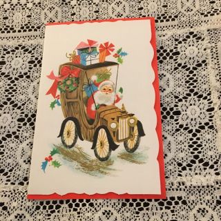 Vintage Greeting Card Christmas Santa Claus In Car Gifts