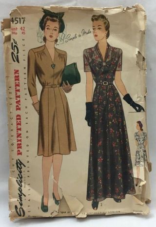 1940s Simplicity Sewing Pattern 4517 Ladies Dress In 2 Lengths Sz 42 Bust 5253f