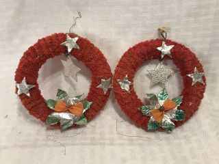 Q39f Antique Vtg Christmas Ornament Wreath Pipe Cleaner Wrap Red Star Foil 5 "