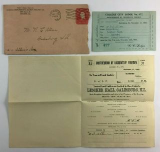Brotherhood Of Locomotive Firemen Limited Railroad Ticket W Invitation Il 1904