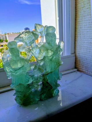 Unusual Chinese Stone Carving In Green Translucent Fluorite.