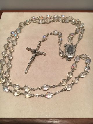 Vtg Aurora Borealis Crystal Catholic Rosary Lourdes Made Iin Italy Water Vial