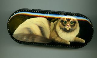 Russian Lacquer Box (for Glasses).  Portrait Of A Cat.  Hand Painted