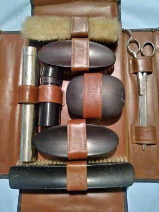 Antique Germany Men ' s Travel Shaving Grooming Kit 9 Piece Brown Leather Case 4