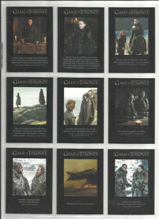 2018 Game Of Thrones: Season 7 Quotable Complete Set Of 9 Chase Cards (q61 - Q69)