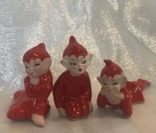 3 Vtg Gilner California Pottery Ceramic Red Pixie Elf Elves Gnome Figurines