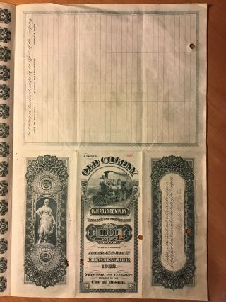 Rare 1902 OLD COLONY RAILROAD COMPANY $1000 Bond Stock Certificate 3