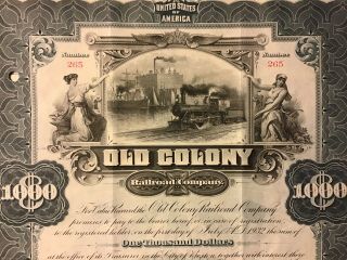 Rare 1902 OLD COLONY RAILROAD COMPANY $1000 Bond Stock Certificate 5