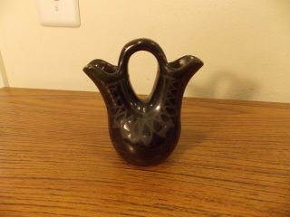 Antique Native American Pueblo Black On Black Hand Coiled Wedding Vase 5 - 1/2 "