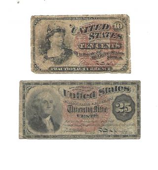 Set Of 2 U.  S.  Fractional Notes: 10 Cents,  25 Cents Notes 1860s/ Vg,