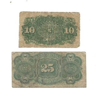 Set of 2 U.  S.  Fractional notes: 10 cents,  25 Cents notes 1860s/ VG, 2