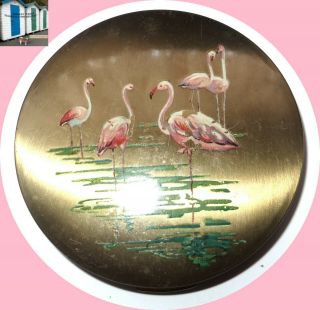 Vintage Made In Stratton England Flamingo Painted Gold Pl.  Powder Mirror Compact
