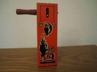 Vintage Halloween Kirchhof Tin Litho Noise Maker.  Wooden Handle Witch Fire Owl