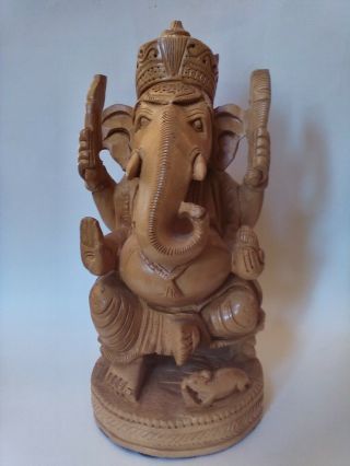 Large 10 " Hand Carved Wood Hindu God Ganesh Ganesha Figurine Statue