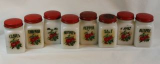 8 Vintage Tipp City Mckee Sunburst Milk Glass Red Lids Tomato Spice Jars