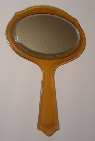 Vintage Plastic Hand Held Vanity Oval Beveled Mirror Brown Apple Juice Flowers