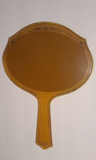 Vintage Plastic Hand Held Vanity Oval Beveled Mirror Brown Apple Juice Flowers 2