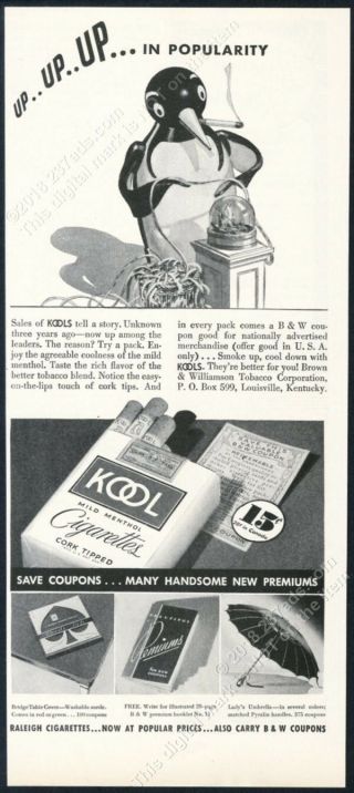 1936 Willie Smoking Penguin Stock Ticker Art Kool Cigarettes Vintage Print Ad