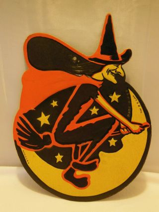 Vintage H.  E.  Luhrs Halloween Embossed Decoration Witch On Broom Stars & Moon