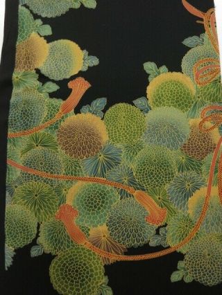 1v03z70 Japanese Kimono Silk Fabric Black Chrysanthemum 47.  2 "