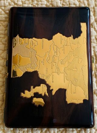 Vintage Metal Cigarette Case With Europe Map Engraving From The 1940s