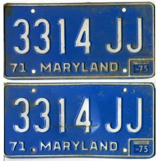 Vintage Collectible Maryland Set Of 2 1971 Auto License Plate Tags - 3314 Jj