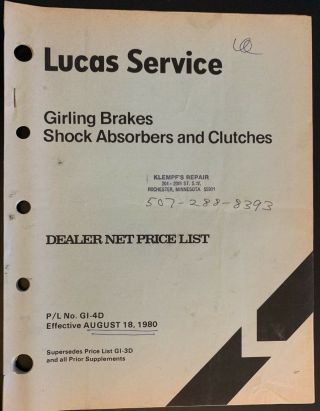 Lucas Dealer Master Price List For Bsa,  Triumph,  Norton 1980