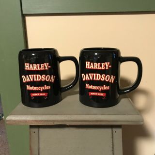 Set Of 2 Harley Davidson Coffee Mugs Ceramic Black Logos On Both Sides