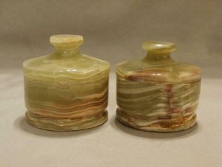 2 Small Green Onyx Marble Alabaster Vanity Trinket Jars W/ Lift Off Lids 2 " Tall