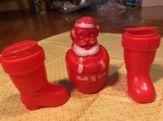 Vintage 60’s Christmas Santa Claus & 2 Boots Soft Red Plastic Candy Containers
