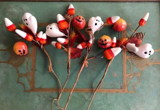 4 Halloween Picks Ghost Jol Pumpkin Candy Corn Table Floral Arrangement Decor
